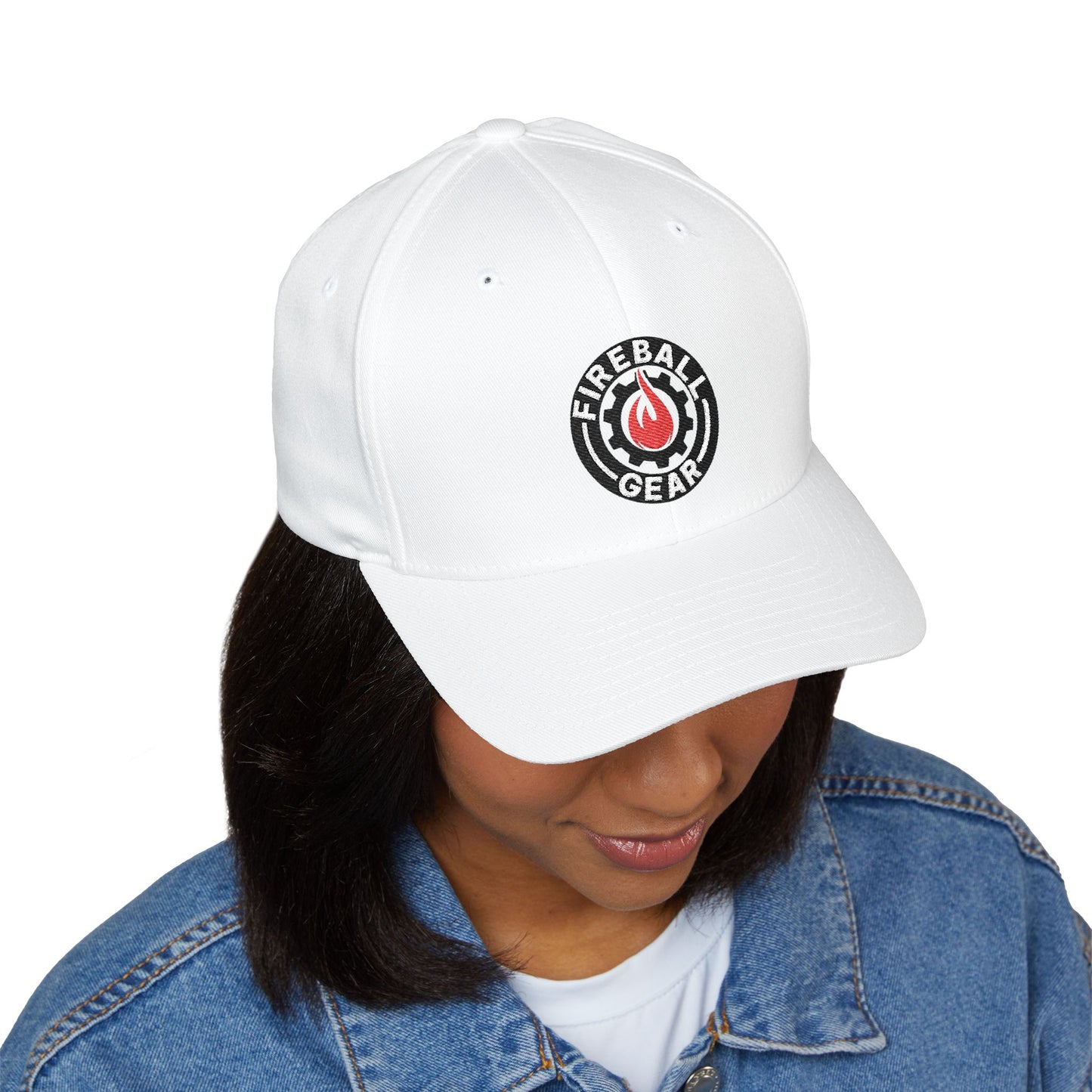 Fireball Gear - Brand Logo - Flame, Gear & Circle - Red, White & Black - FlexFit Cap