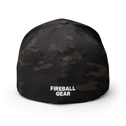 Fireball 3D - Brand Logo - Flame & Text - Red & White - Dark Colors - FlexFit Cap